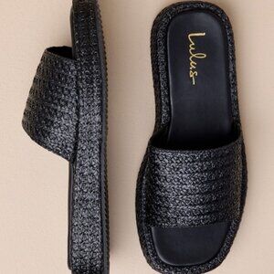 Lulus Lolani Black Raffia Platform Slide Sandals - Size 7